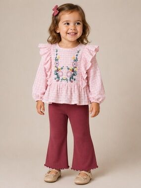 Jessica Simpson Floral Embroidered Ruffle Top and Old Navy pants
